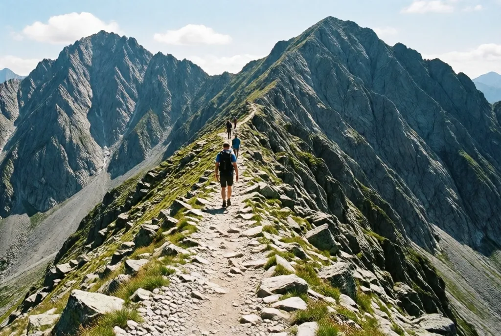 Two hikers traversing a narrow rocky saddle between two gray summit peaks under bright midday sun