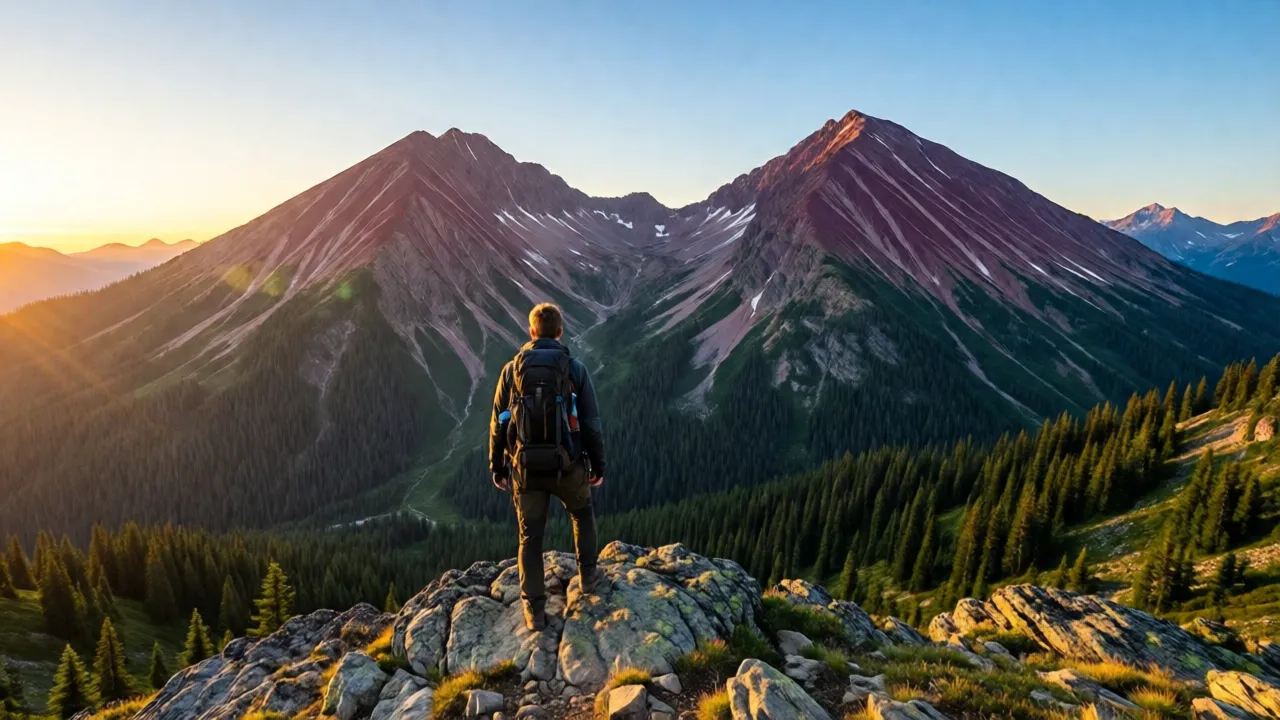 Hiker with backpack on a rocky alpine ridge at sunrise looking toward two maroon-striped peaks