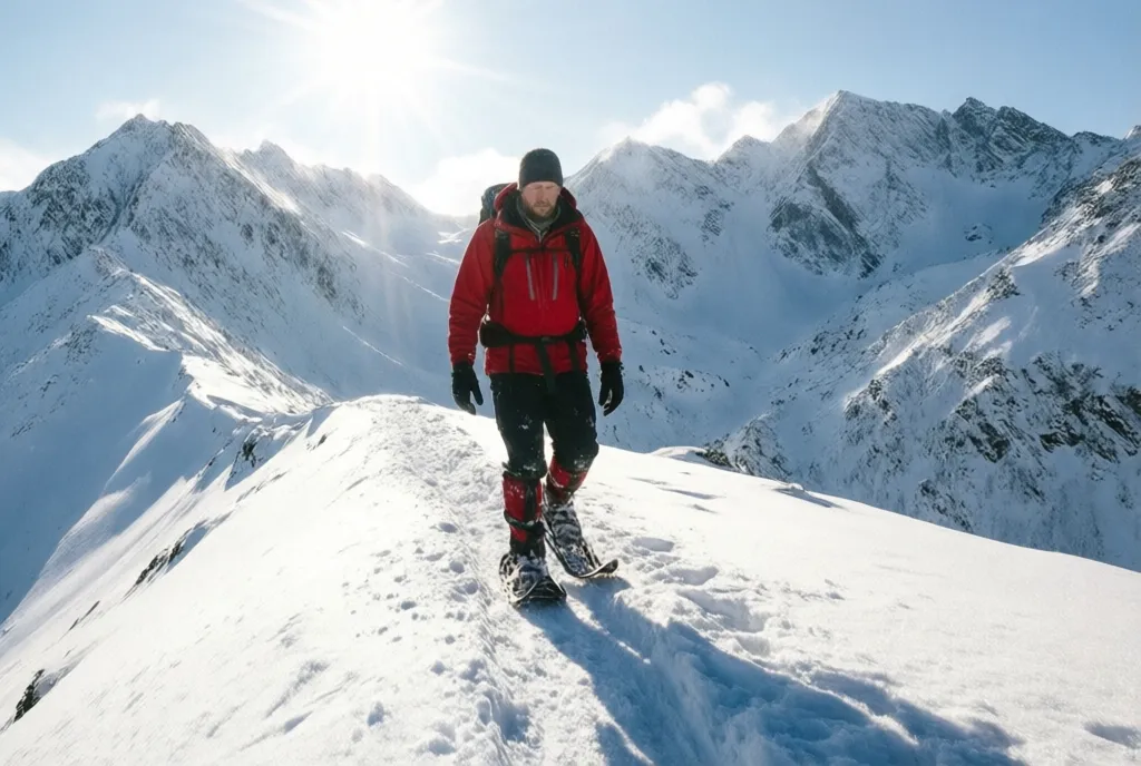 Marcus Reyes snowshoeing a snowy ridge in a red jacket